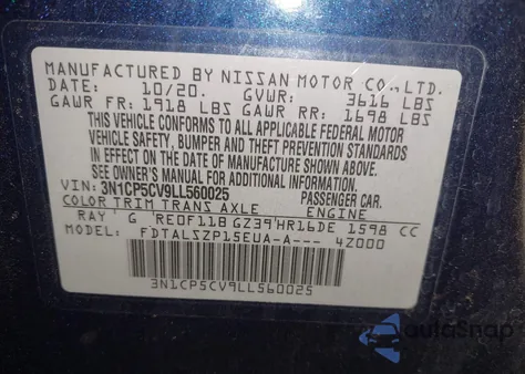 2020 Nissan Kicks Sv Xtronic Cvt z USA, uszkodzony, nr VIN 3N1CP5CV9LL560025